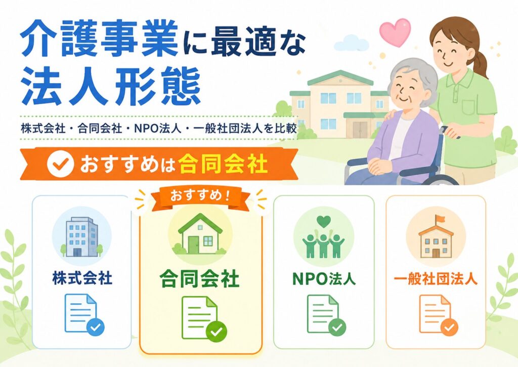 介護事業に適した法人形態として、株式会社・合同会社・NPO法人・一般社団法人を比較し、合同会社をおすすめしているイラスト