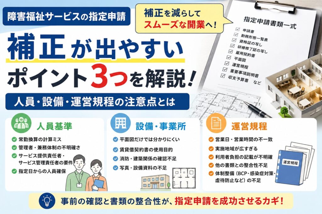 障害福祉サービスの指定申請で補正が出やすい人員基準、設備、運営規程の確認ポイント