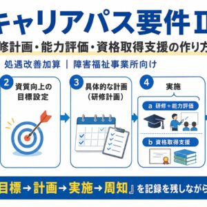 障害福祉の処遇改善加算におけるキャリアパス要件Ⅱについて、職員との意見交換、資質向上の目標設定、研修計画、研修・能力評価または資格取得支援、周知・記録までの流れを示した図解