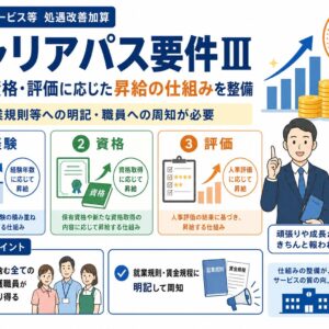 障害福祉の処遇改善加算におけるキャリアパス要件Ⅲについて、経験・資格・人事評価に応じた昇給の仕組みと、非常勤職員を含む対象範囲、就業規則等への明記・周知を示した図解