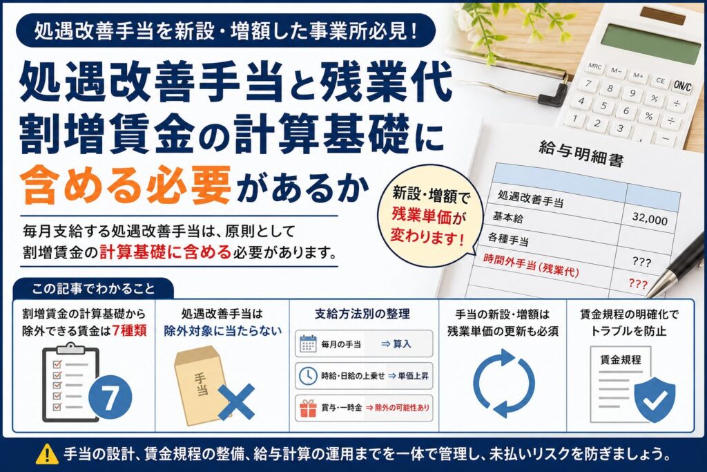 処遇改善手当の新設・増額に伴う社会保険の随時改定について、固定的賃金の変動、3か月平均、2等級差、支払基礎日数、月額変更届の流れを示した図解