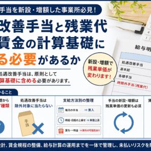 処遇改善手当の新設・増額に伴う社会保険の随時改定について、固定的賃金の変動、3か月平均、2等級差、支払基礎日数、月額変更届の流れを示した図解