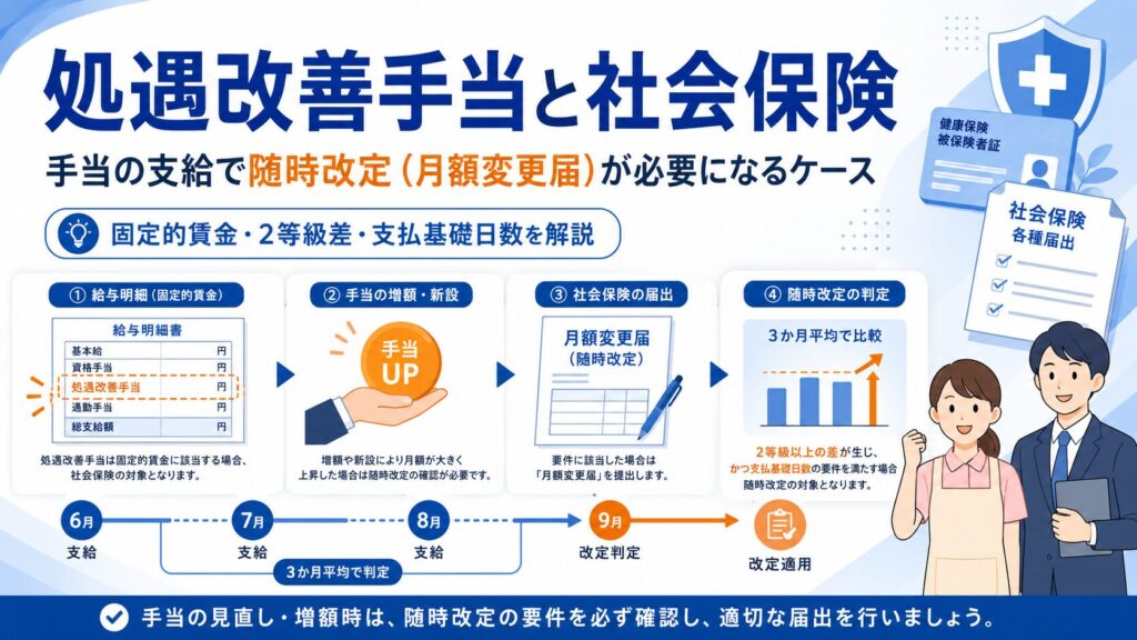 処遇改善手当の新設・増額に伴う社会保険の随時改定について、固定的賃金、3か月平均、2等級差、支払基礎日数、月額変更届の流れを示した図解