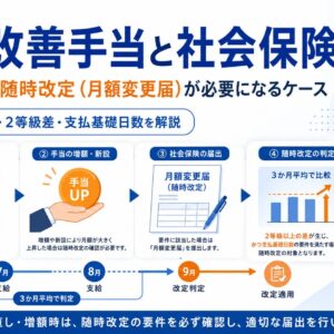 処遇改善手当の新設・増額に伴う社会保険の随時改定について、固定的賃金、3か月平均、2等級差、支払基礎日数、月額変更届の流れを示した図解