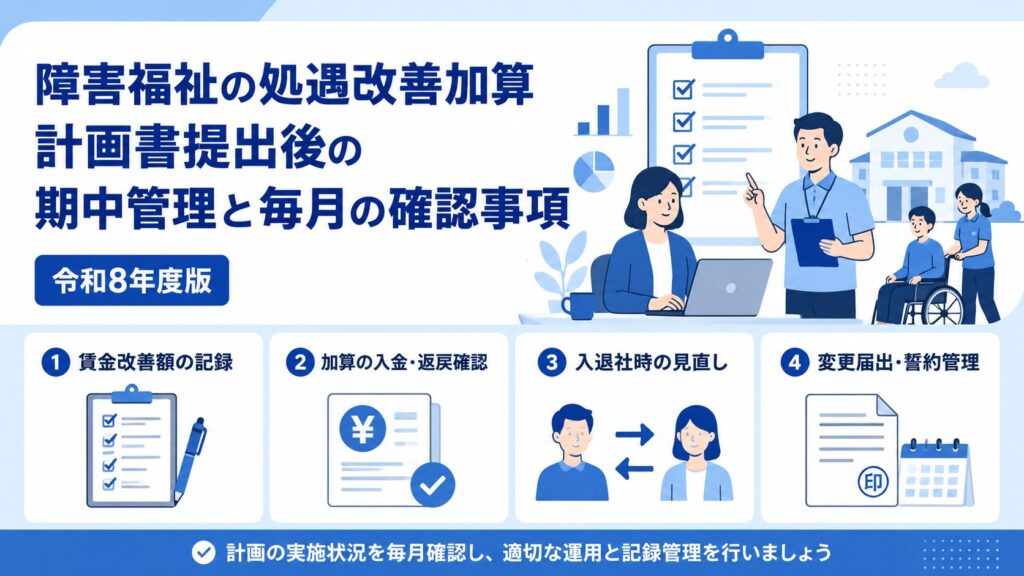 障害福祉の処遇改善加算について、計画書提出後の期中管理と毎月の確認事項として、賃金改善額の記録、加算の入金・返戻確認、入退社時の見直し、変更届出・誓約管理を示した図解