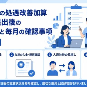 障害福祉の処遇改善加算について、計画書提出後の期中管理と毎月の確認事項として、賃金改善額の記録、加算の入金・返戻確認、入退社時の見直し、変更届出・誓約管理を示した図解