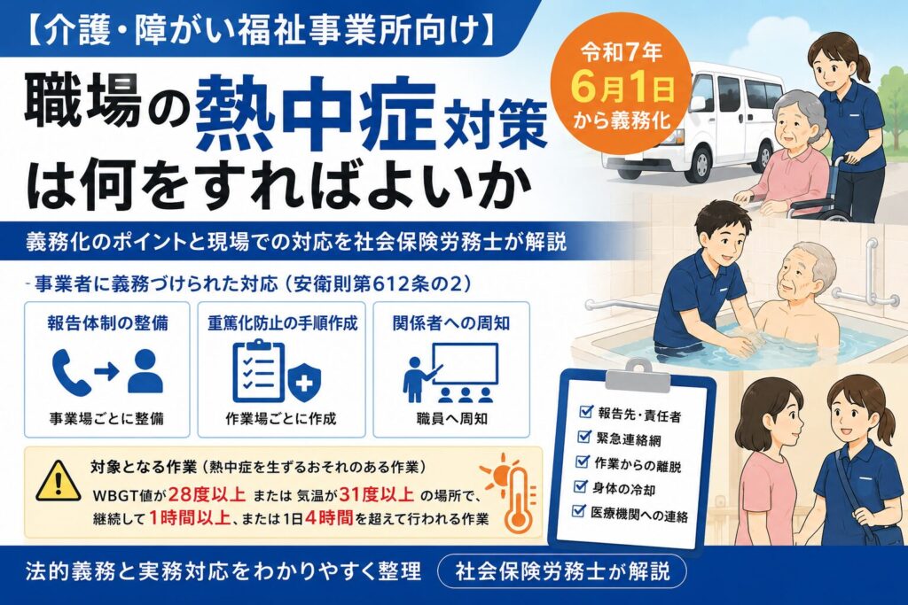 介護・障がい福祉事業所向けに、職場の熱中症対策の義務化ポイントと、報告体制・手順作成・職員への周知などの現場対応を示した図解