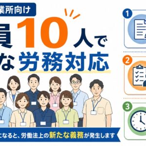 障害福祉事業所で職員が10人になった際に必要となる、就業規則の作成・届出、衛生推進者の選任、週44時間から40時間への見直しを示した図解