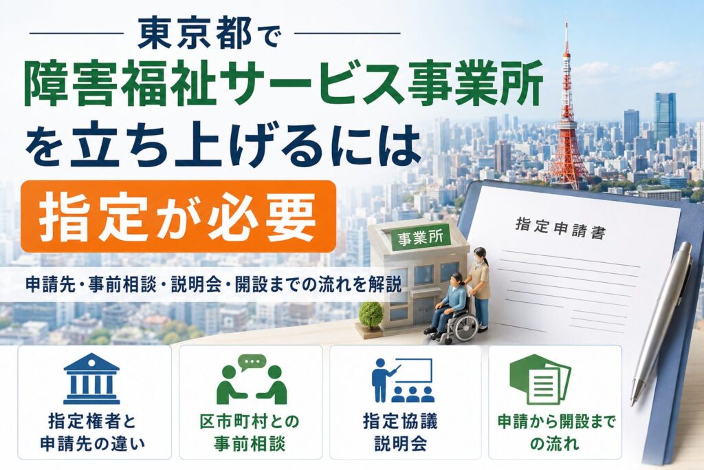東京都で障害福祉サービス事業所を立ち上げるための指定申請、事前相談、説明会、開設までの流れを示したアイキャッチ画像